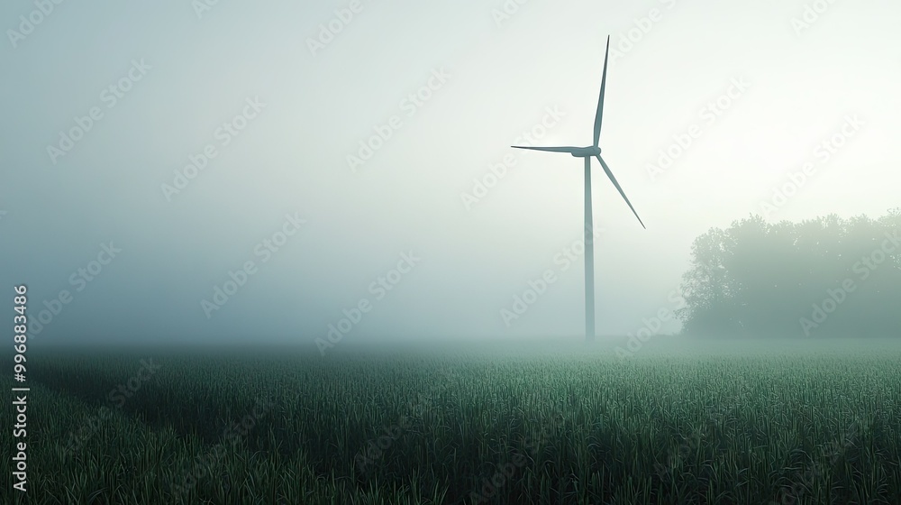Poster a wind turbine in a foggy field with a large, open area above for adding copy