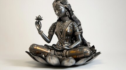 Fototapeta premium A Lakshmi sculpture designed from reclaimed car parts, with a lotus seat made from old engine parts and her figure sculpted from recycled sheet metal, blending tradition with modern sustainability