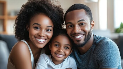A young family smiling together at home, with a clean, simple background for text. -
