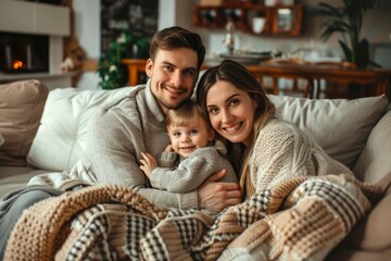 Fototapeta premium Happy family spending quality time together on a comfy sofa in their cozy living room. Parents and toddler bonding and relaxing, enjoying the weekend vibes at home.