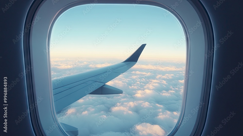 Poster an airplane window view with a wing and sky, leaving space for text.