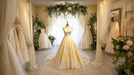 Elegant yellow wedding gowns on luxurious bridal boutique