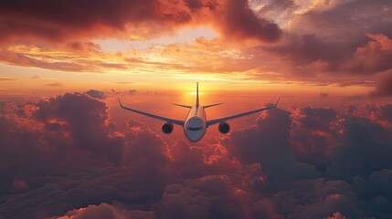 An airplane soaring through a sunset sky with ample room for copy in the foreground.