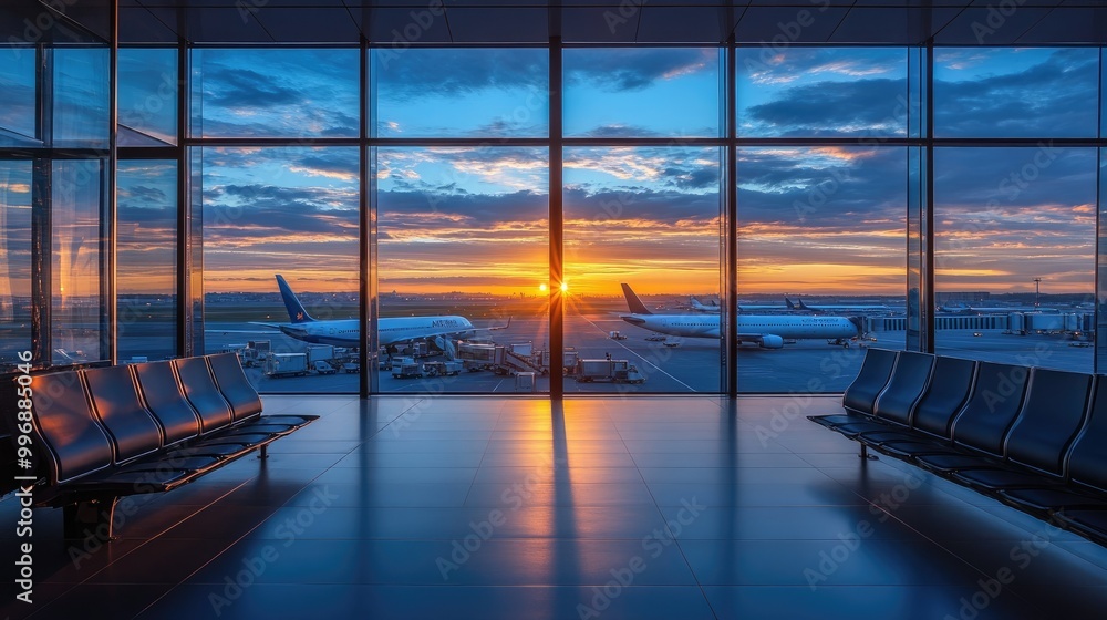Poster an airport terminal with a view of airplanes parked and empty space for copy.
