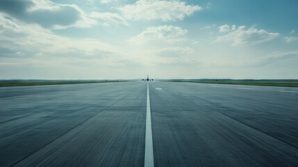 Fototapeta premium An empty airport runway with an airplane in the distance and ample space for text.
