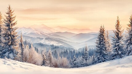 Fototapeta premium Snow-covered mountains bask in the soft glow of a winter sunrise.