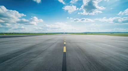 Fototapeta premium An empty airport runway with an airplane in the distance and ample space for text.