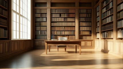 An empty library or study room with an open desk and blank walls for text placement.