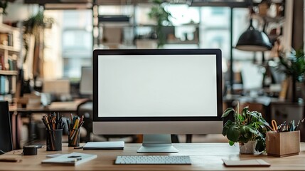 An empty office desk with a computer screen displaying a blank page, providing space for copy.