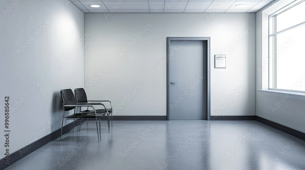 Poster an empty waiting room with a single chair and clean walls for copy placement.
