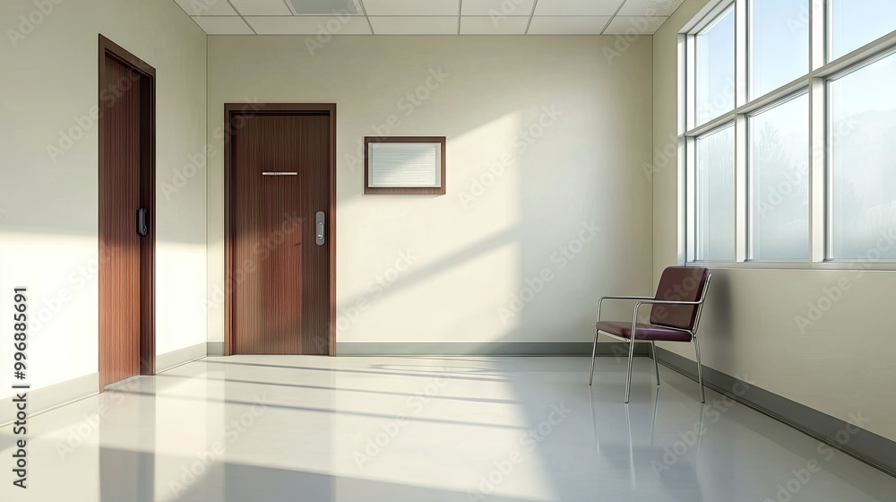 Poster an empty waiting room with a single chair and clean walls for copy placement.
