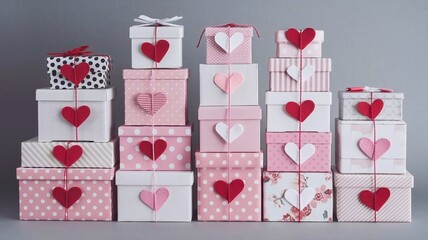 neat stack of assorted gift boxes with heart-shaped ties on grey background, with copy space for text