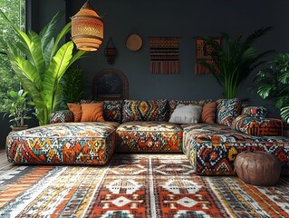 Vibrant and eclectic boho chic living room with a deep L shaped sectional sofa adorned in a bold patterned print surrounded by a mix of global inspired textiles and vintage furniture