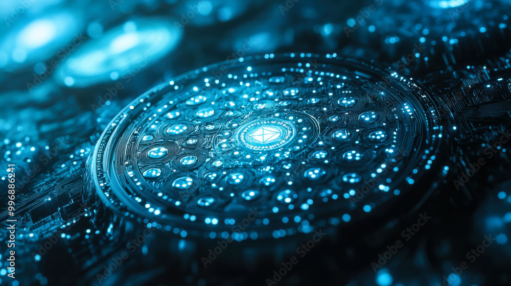 Poster futuristic glowing circular pattern with intricate designs and vibrant colors creating a digital lan
