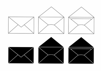 envelope icon in two lines.white envelope with thin black lines in different states (closed and open). The bottom row has a black envelope with a white border.