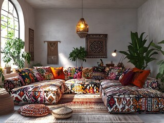 Vibrant and eclectic boho chic living room with a deep L shaped sectional sofa adorned in a bold print surrounded by a mix of global inspired textiles and vintage furniture diffused warm lighting
