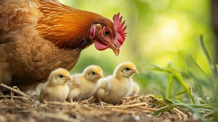Fototapeta premium Close-up of a hen feeding her chicks, with straw and grass in the background offering space for text.