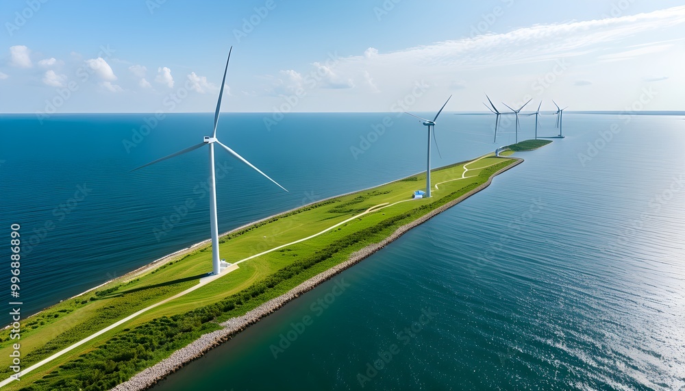 Wall mural Aerial view of windmill park in the ocean featuring wind turbines, showcasing the beauty of renewable energy and ecological innovation.