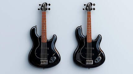 Obraz premium A sleek black electric bass guitar stands out against a crisp white background.