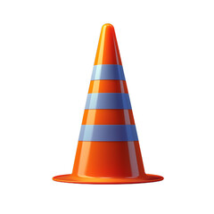 Orange traffic cone with blue and orange stripes, isolated on a transparent background