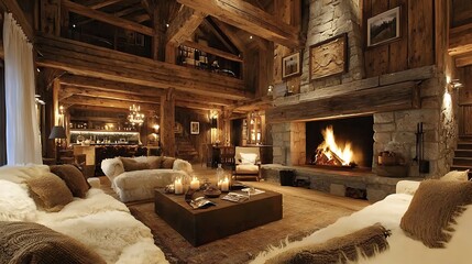 Fototapeta premium A rustic living room with a roaring fireplace and luxurious sheepskin throws provides ultimate comfort.