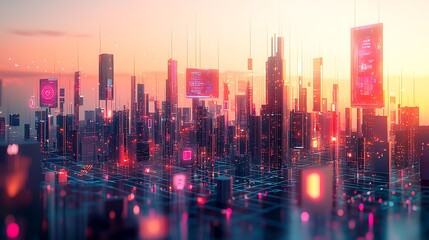 Fototapeta premium A futuristic cityscape glows with neon lights as the sun sets, alive with digital interfaces.