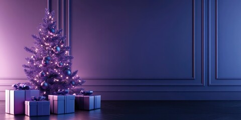 Modern Christmas scene with a Purple Basil color palette, minimalist Christmas tree in violet hues