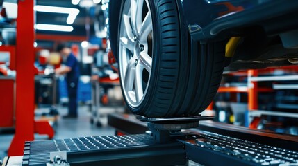 Obraz premium Car Wheel Alignment Service, Tire balancing repair in the garage