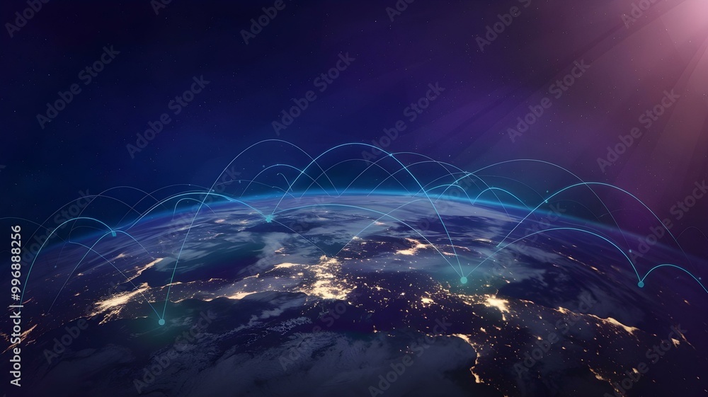 Poster stunning satellite view of earth at night, showcasing city lights and global connectivity. the image