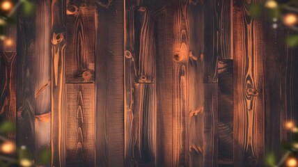 Aesthetic Dark Wooden Background Highlighted by Soft Warm Lights and Lush Greenery. This Rustic Surface Exemplifies Natural Beauty and Versatility, Perfect for Backgrounds, Textures, Creative Design