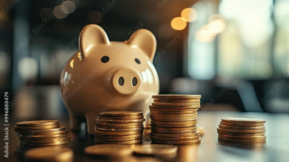 Poster coins stacking up next to a piggy bank, with ample space above for text. -