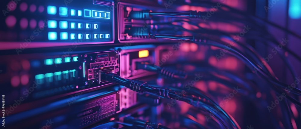 Aufkleber server rack with colorful network cables and led indicators.