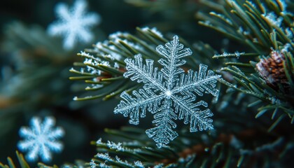 Snowflake closeup, winter nature photography, snow crystals, winter frost, pine needles and snowflakes, frozen beauty, macro snowflake photography.