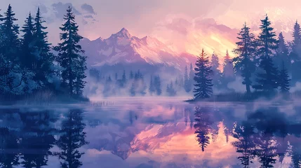 Sierkussen Mistig bos A misty mountain lake glows under the sunset, reflecting the silhouettes of pine trees along its shore.  © Raitalinn