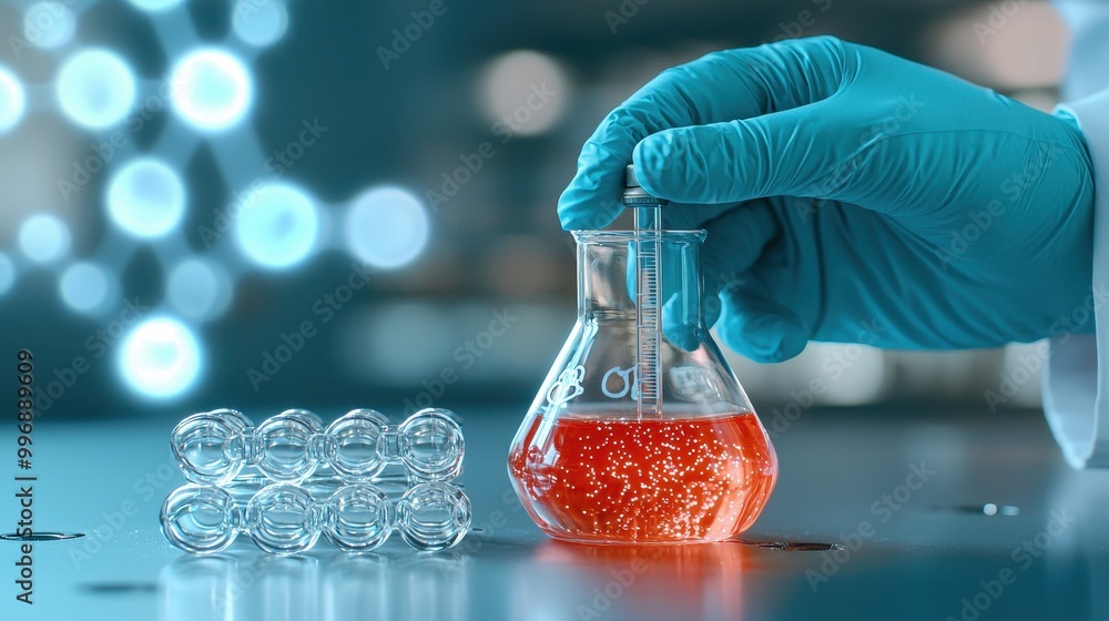 Poster a scientist in a lab conducting an experiment, holding a flask with bright red liquid, showcasing in