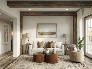 Warm and inviting modern farmhouse style living room with distressed wood beams area rug and rustic decor accents offering a cozy and relaxed vibe with touches of industrial and vintage charm