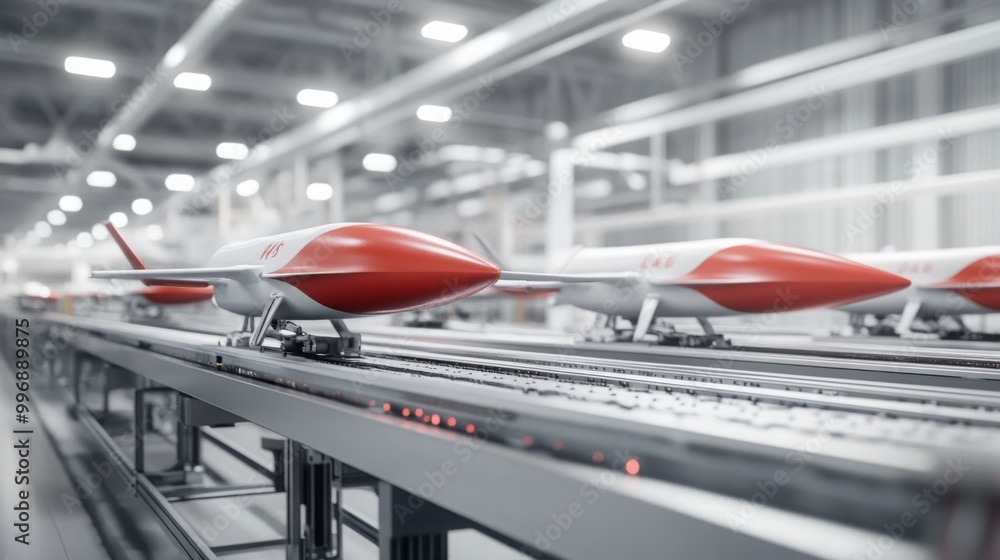 Poster in a state-of-the-art manufacturing facility, sleek drones glide along an assembly line, showcasing 