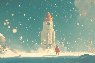 Obraz premium Astronaut on Alien Planet Watching Rocket Launch