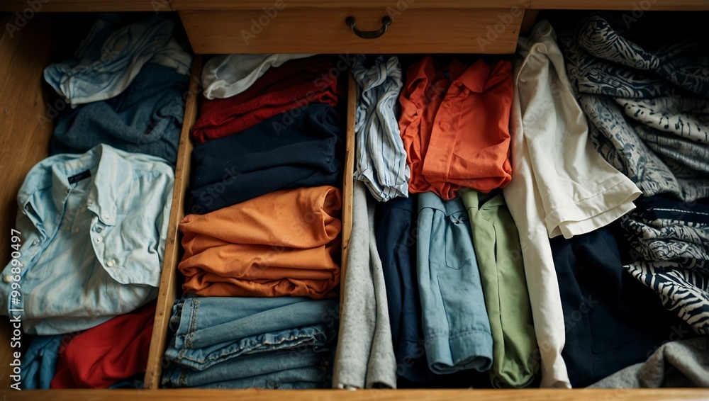 Poster cluttered drawer with clothes in disarray.