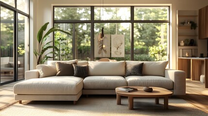 Fototapeta premium Warm and inviting modern living area with a plush oversized sectional sofa color accent pieces and Scandinavian inspired minimalist aesthetic bathed in natural light through expansive windows