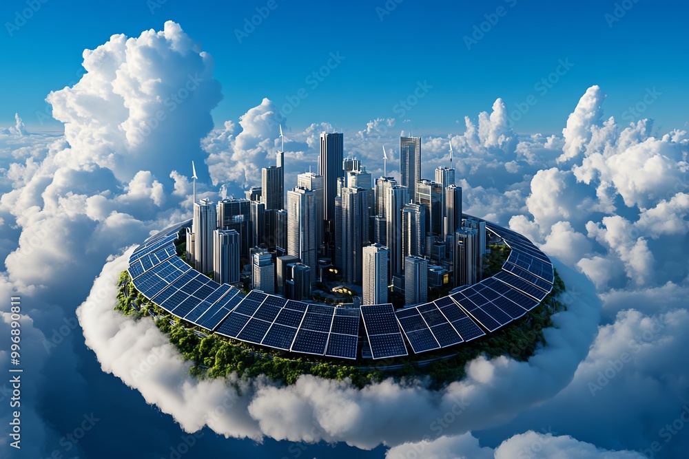 Poster a futuristic city floating above the clouds, powered entirely by renewable energy sources like solar