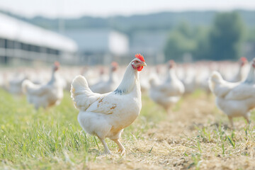 Fototapeta premium White Chicken Flock Farm Animal Rural Agriculture Poultry Bird