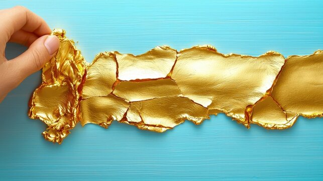 Hand peeling gold foil from a teal surface, depicting elegance and luxury in design. - Powered by Adobe