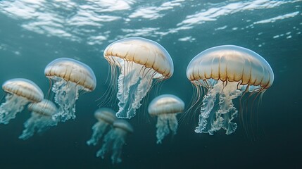 Group of jellyfish floating close together, with the ocean depths providing room for copy.