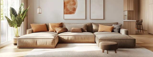 Warm and relaxing modern living room featuring a deep plush sectional sofa in a calming color hue minimalist yet elegant decor with natural wood elements bright and airy atmosphere
