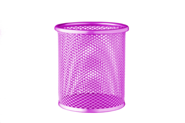 metallic Glass of pink color for stationery, pencils, pens, scissors, ruler, on an isolated white background close up