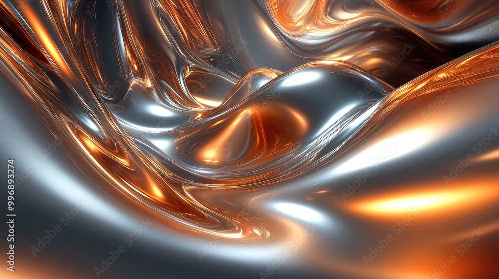 Poster smooth metallic curves and glowing light effects creating a futuristic abstract landscape resembling