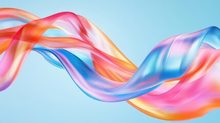 Pink, blue, and orange ribbons curve and twist dynamically on a light blue background, creating an abstract flow. No people.