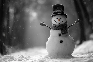 Obraz premium Snowman in a Top Hat Standing in a Snowy Forest