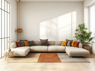 Warm and welcoming contemporary living room with a comfortable U shaped sectional and streamlined minimalist styling  Vibrant color accents provide a mid century modern flair in this